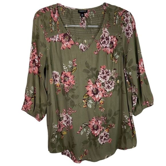 Torrid Green Season Floral Crepe Smocked 3/4 Sleeve Blouse Medium - Picture 6 of 6
